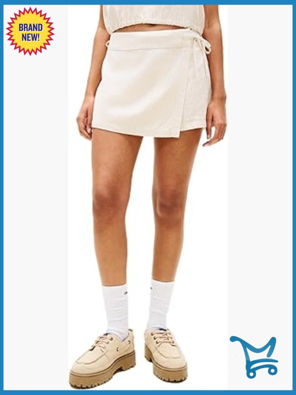 Linen Mini Skort with Adjustable Waist Tie - Mid Rise Striped